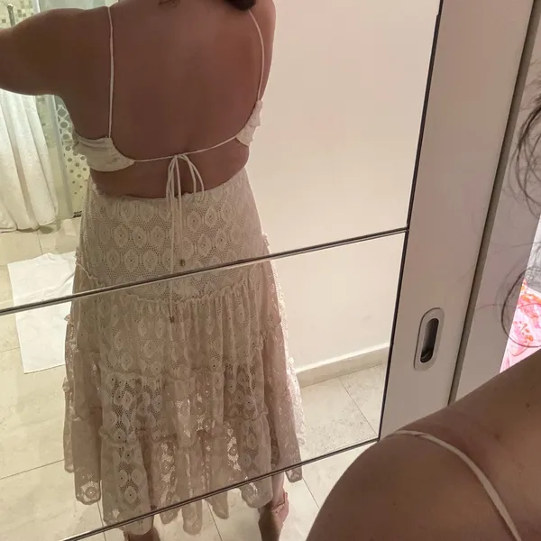 Indikah Womens Sexy Cream Lace Cut Out Tiered Midi Dress Flowy Size XS/Small - Image 2