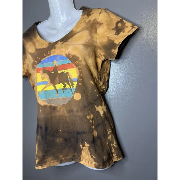 Equestrian Bleach Tie Dye Horse Graphic Tee Top Shirt Womens Small Brown - Image 4
