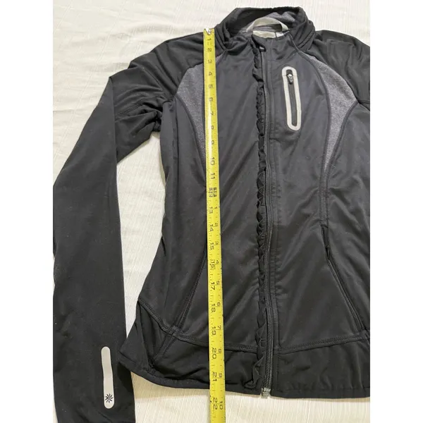 Athleta Womens‎ XS Black Gray Ruffle Full Zip Running Jacket Thumbholes Pockets - Image 3