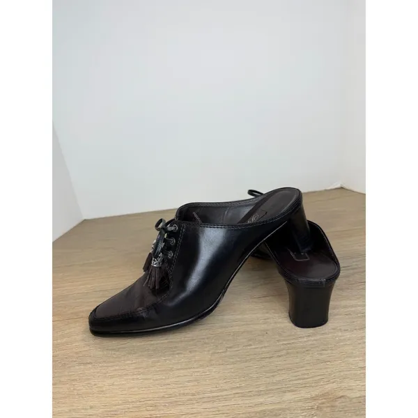 Bia Tassle Mules Women 8M Black Brown Croc Embossed Leather Lace Up Block Heel - Image 5