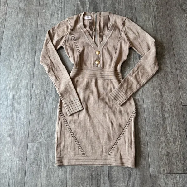 🍒AMTIOUS Elegant Tan Knit Dress - Image 3