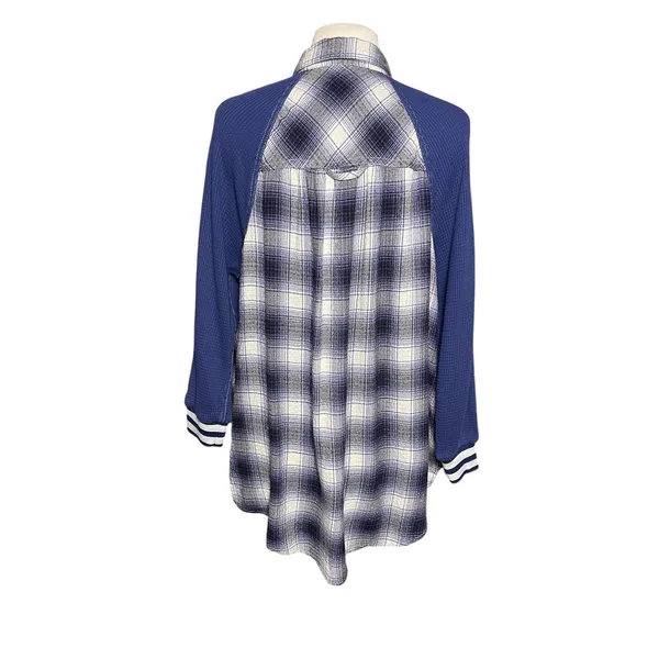 UO BDG Women’s Keanu Blue Plaid Varsity Mixed Media Button Up Flannel - Image 7