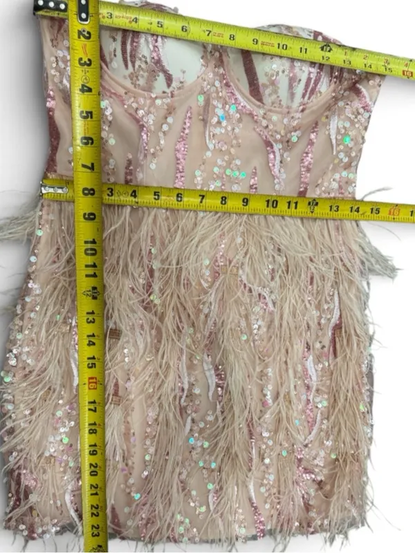 BELLA BARNETT Strapless Pink Sequin & Feather Cocktail Dress Size Small - Image 16