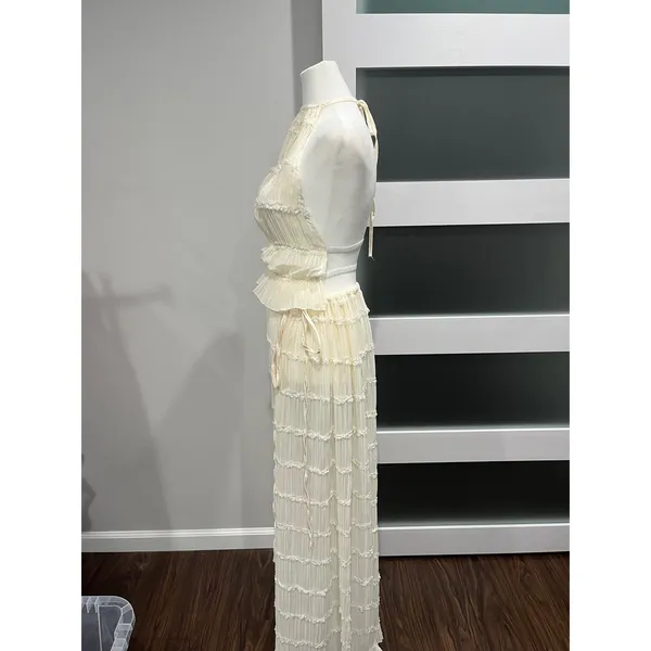 Cream Pleated boho Halter top Maxi skirt ruffle Tiered Open Back Resort‎ S - Image 4