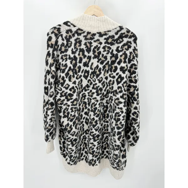 LOFT Leopard‎ Print Cardigan Sweater S Cream Open Front Cozy Knit Preppy Chunky - Image 3