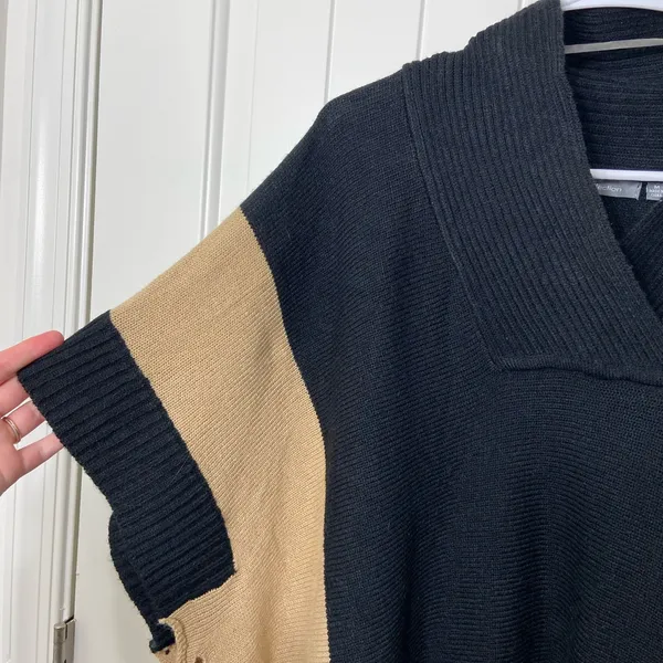 EUC NY Collection women’s black tan buttoned crossover‎ neck knit poncho sweater - Image 2