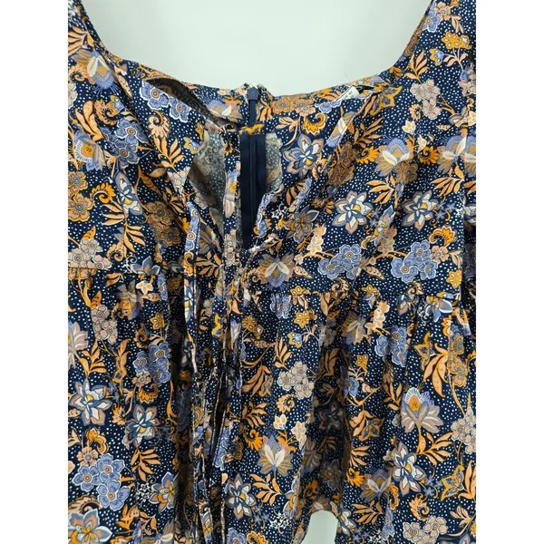 Topshop Blouse Womens 10 Blue Floral Boho Square Neck Puff Sleeve‎ Tie Front Zip - Image 2