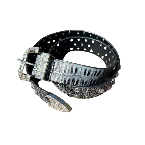 Source Unknown Western Croc‎ Embossed Studded Rhinestone Belt Black Silver Embossed Buckle - Image 4