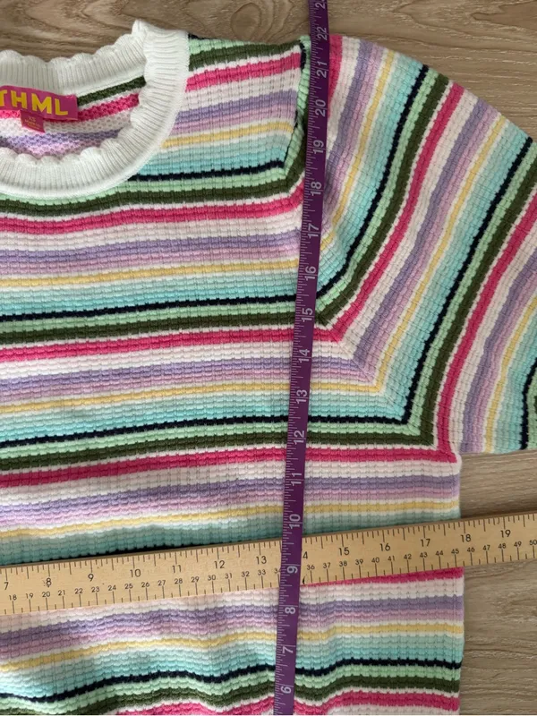 THML XS Stripe Multi Color Puff Short Sleeve Sweater Knit Pastel Crew Preppy - Image 4