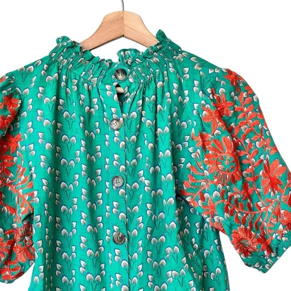 THML Verde S Mock Neck Embroidered floral Puff Sleeve Green blouse - Image 6