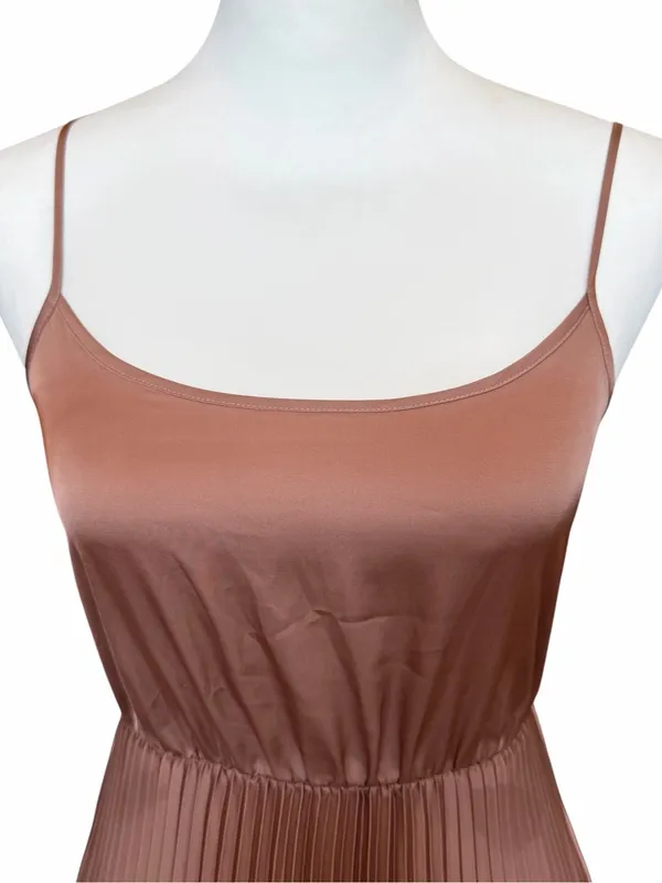 All Saints Pleated Satin Dress Size XS Brown Sleeveless Square Neck Maxi Pockets - Image 4