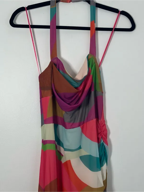 Anthropologie Women’s Abstract Multicolor Mesh Cowl Neck Midi Bodycon Dress S - Image 5