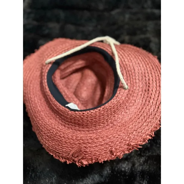 Frye Red Raffia Straw Wide Brim Raw Edge Woven Sun Hat OS - Image 4