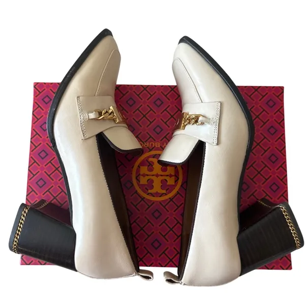 Tory Burch Perrine Heeled Loafers Cream Chain‎ Block Heel 7.5 - Image 7