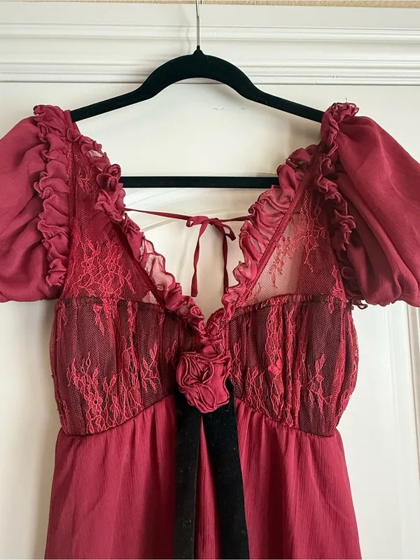 For Love & Lemons Claudine Babydoll Mini Dress Large Burgundy Romantic Flower S - Image 6