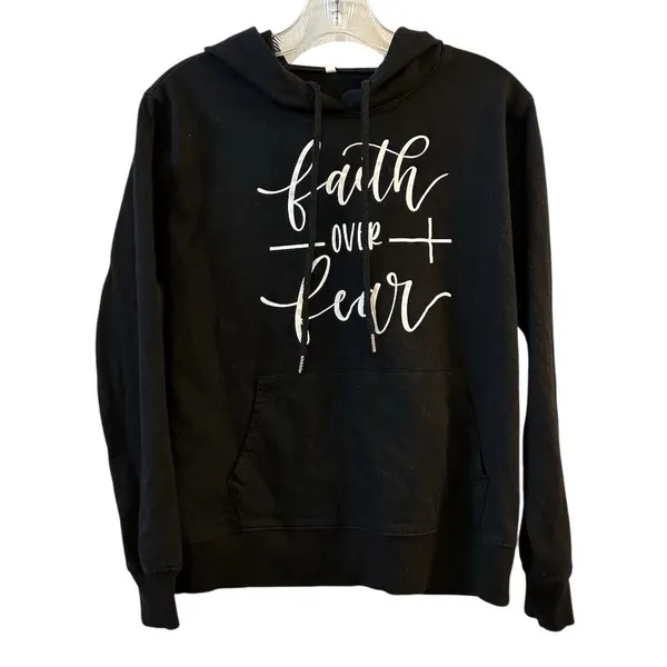 Faith Over Fear Black Unisex Hoodie‎ Large Inspirational Christian Pullover - Image 3