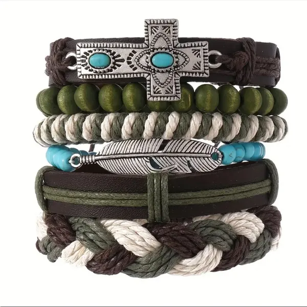 Bohemian Faux Leather Bracelet Set Cross‎ & Feather Charms Adjustable Handwoven - Image 5
