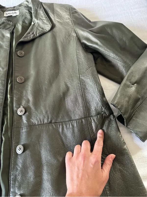 Bagatelle Olive Green Long Leather Jacket, size 14 - Image 13