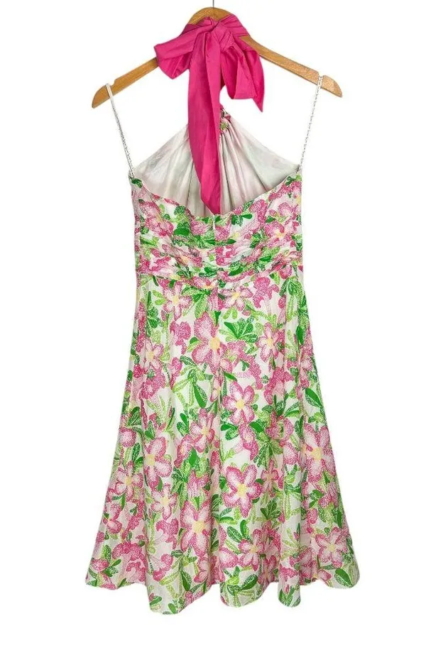 Lilly Pulitzer Floral Midi Dress Sz 2 Cotton Silk Blend Halter Neck Bow Tie Back - Image 2