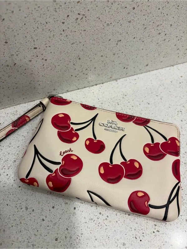 COACH Corner Zip Wristlet With Cherry Print Wallet EUC - Image 4