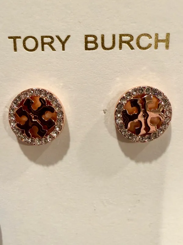 Tory Burch | Rose Gold Logo Crystal Halo Stud Earrings | Extra Small - Image 2