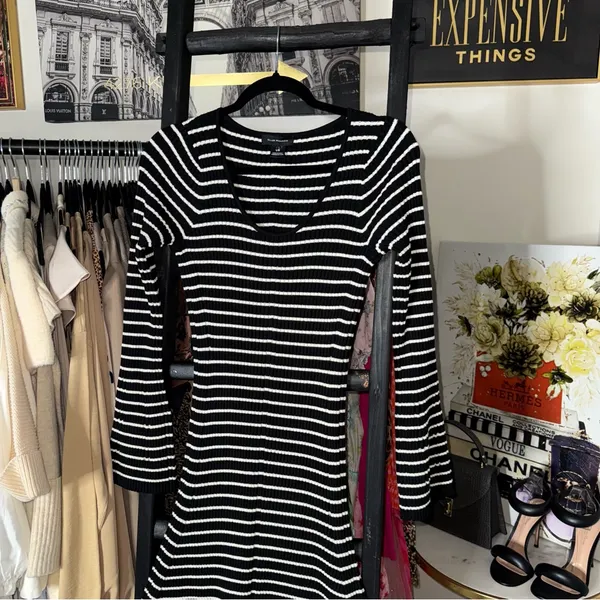 Club Monaco Black And White Striped Ribbed Midi Sweater Dress With Bell Sleeves - Image 6