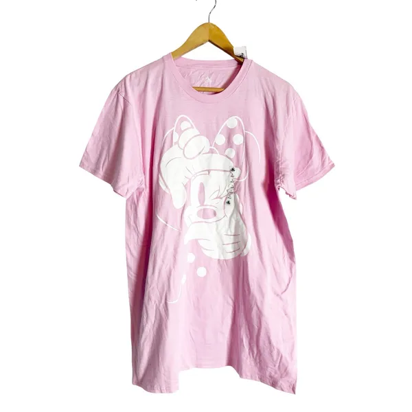 Disney Pink White Minnie Mouse Winking Short Sleeve Cotton Graphic T-Shirt Large - Image 2
