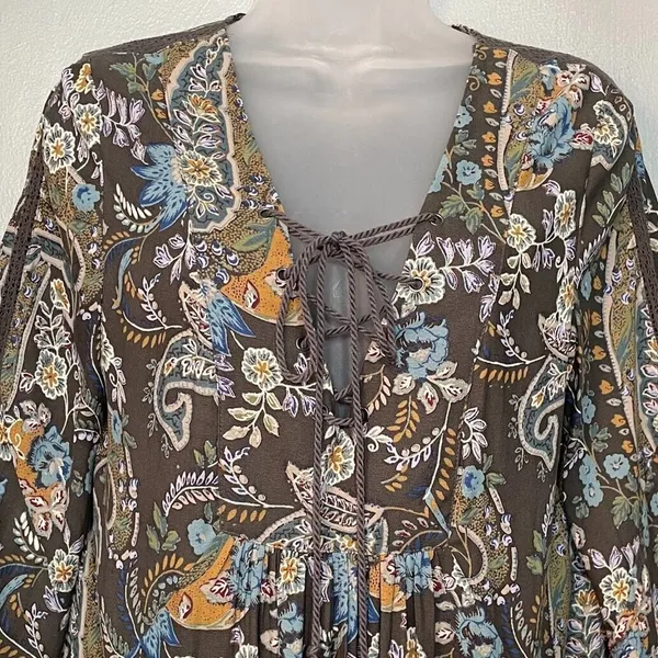Free People Babydoll Dress Size Small Paisley Peasant Boho Mini Lace Up Fairy - Image 2