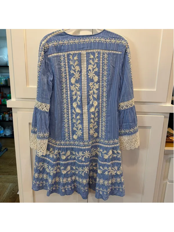 Tory Burch Light Blue Embroidered Crochet Bell Sleeve Tunic Coverup Dress Sz 6 - Image 15