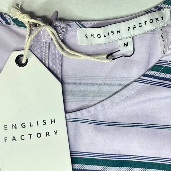 English Factory Puff Sleeve Striped Mini Dress size M Lilac Relaxed Babydoll New - Image 4
