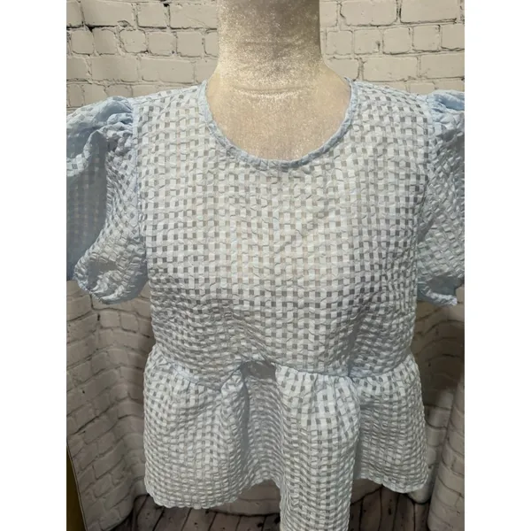 Maeve Anthropologie Blue Sheer Shirt Puff Sleeve Babydoll Top Size Medium - Image 2