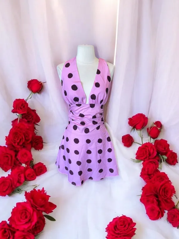 Pink Brown Polka Dot Silky Dress Halter Open Back Mini - Image 2