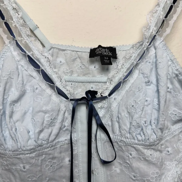 Women Coquette 100% Cotton Top XS Blue Eyelet‎ Lace Ribbon Corset Fairy - Image 5