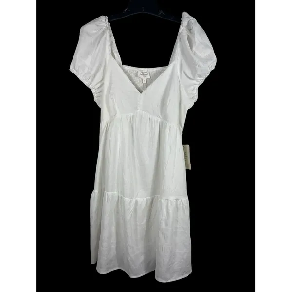 Bohme White Cottagecore Puff Sleeve Dress M Smocked Babydoll NWT Tiered - Image 2