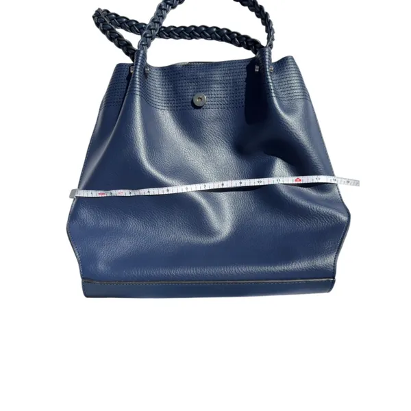 Navy Blue Triple Compartment‎ Tote Bag Classic Elegant Braided Handles Gold Logo - Image 9