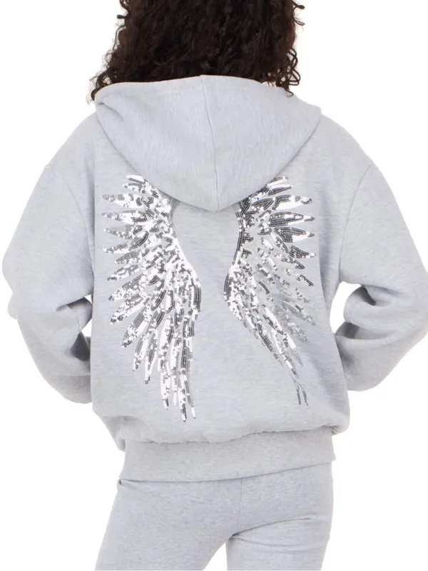 Forever 21 Sequin Angel Wings Grey Hooded Jacket and Pants Set - Image 5