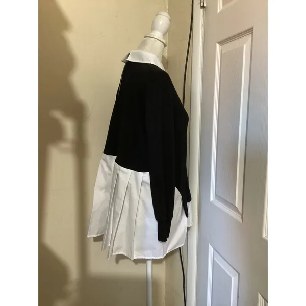 French Connection Women Small Black White Layered Look Collared Pleated Sweater - Image 2
