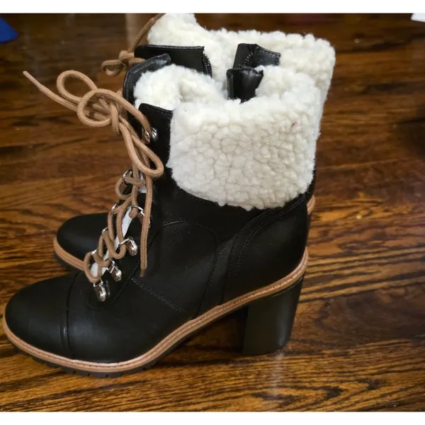 9 West Women's Sherpa Black Lace up Block Heel Cuff Ankle Boots Sz 10 Xtra Laces - Image 3
