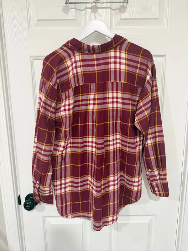 LOFT Burgundy Plaid Button Down Shirt M Cotton Fall Preppy Academia - Image 5