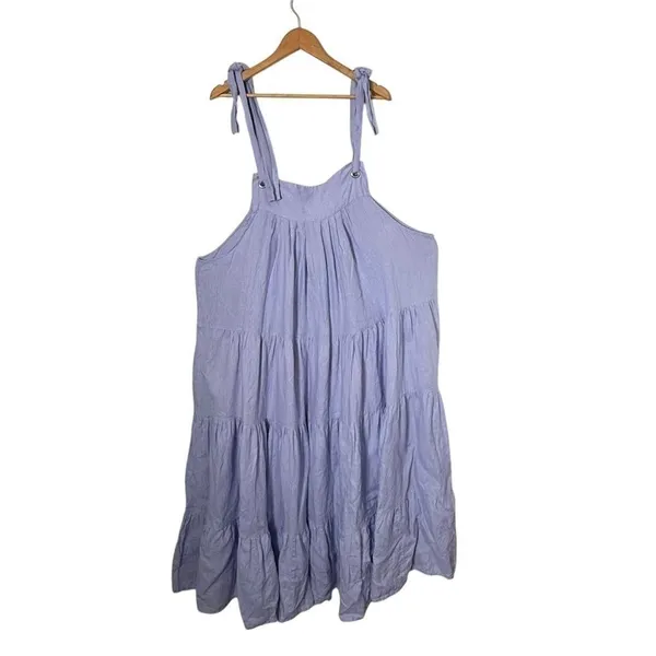 Womens Tiered Tie Should BOHO Pinafore Maxi Dress OS Lavender 100% Linen - Image 5