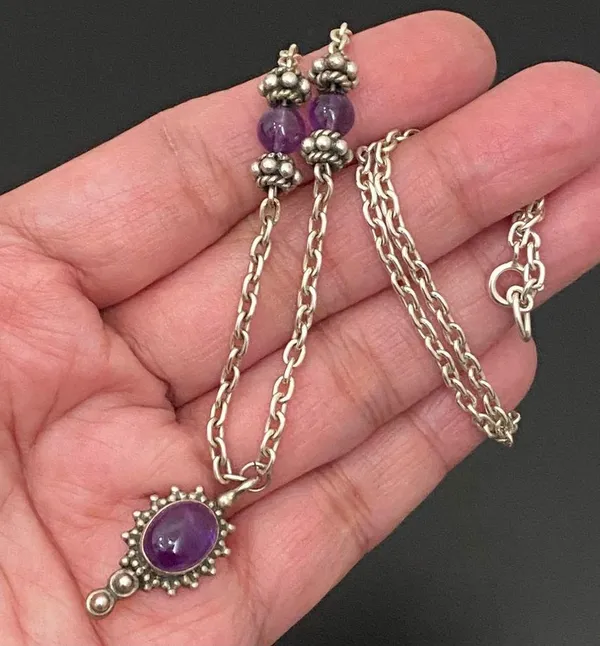 Vintage Handcrafted 925 Sterling Silver Amethyst Cabochon Pendant 18” Necklace - Image 4