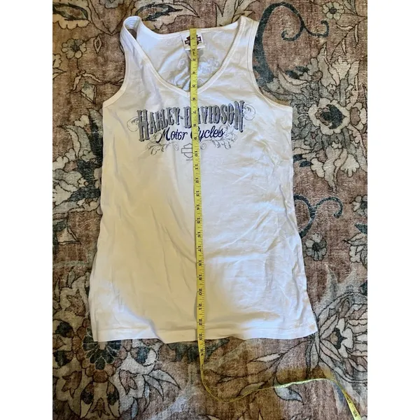 Harley Davidson White Tank Rhinestone Front Blue Trim Women's Small Schaefers PA - Image 4