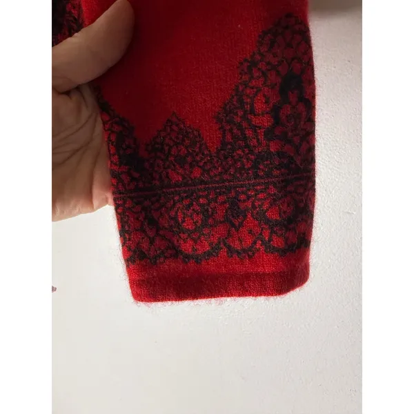 Charter Club Women Red 100% Cashmere Cardigan Sweater Black Lace Print Medium - Image 5