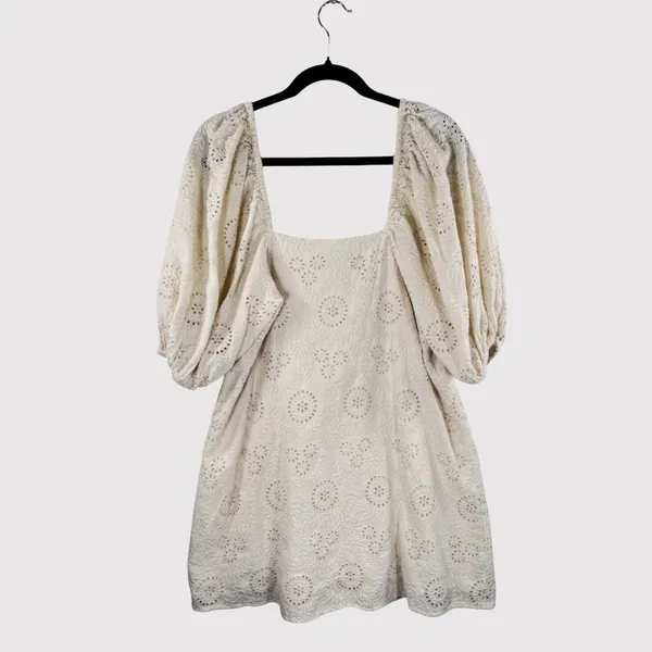 Jen's Pirate Booty Womens Dress Beige Mini Eyelet Puffed Babydoll A Line Small - Image 3
