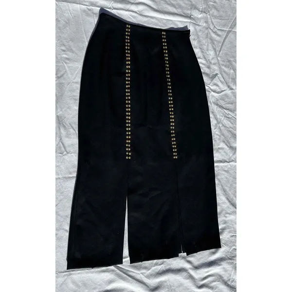 Erez Collections Midi Bedazzled Skirt 100% Wool Gold Studs Slits Black Women's S - Image 3