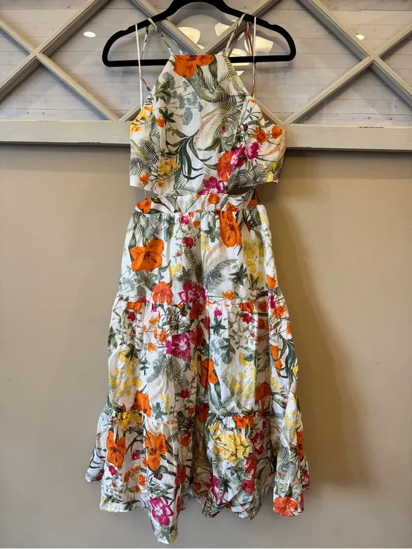 Chelsea & Violet Tropical Floral Print Tiered Midi Dress Linen‎ Blend Tie Back - Image 4