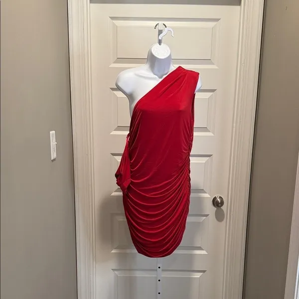 AQUA One Shoulder Ruched Bodycon Mini Dress Red Formal Glam NWT‎ L - Image 4