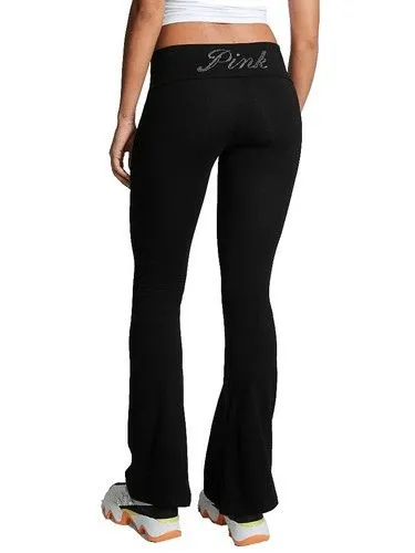 PINK Victorias Secret Rhinestone Bling Black Leggings Flare Leg Foldover Script - Image 6