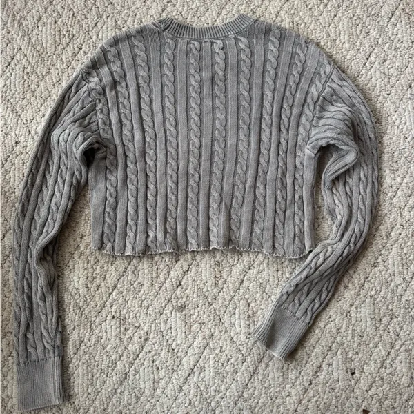 aerie Gray Cropped Cable Crewneck Sweater - Image 3