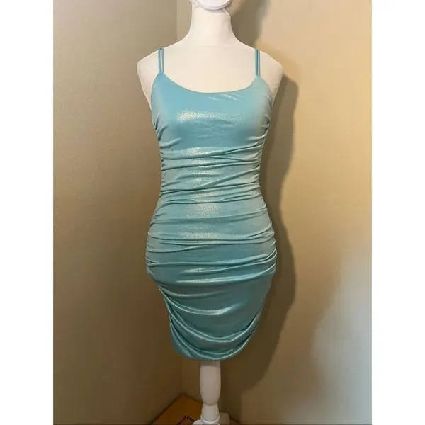 Lucy In The Sky Aquamarine Blue Shimmer Ruched Bodycon Dress Small - Image 2